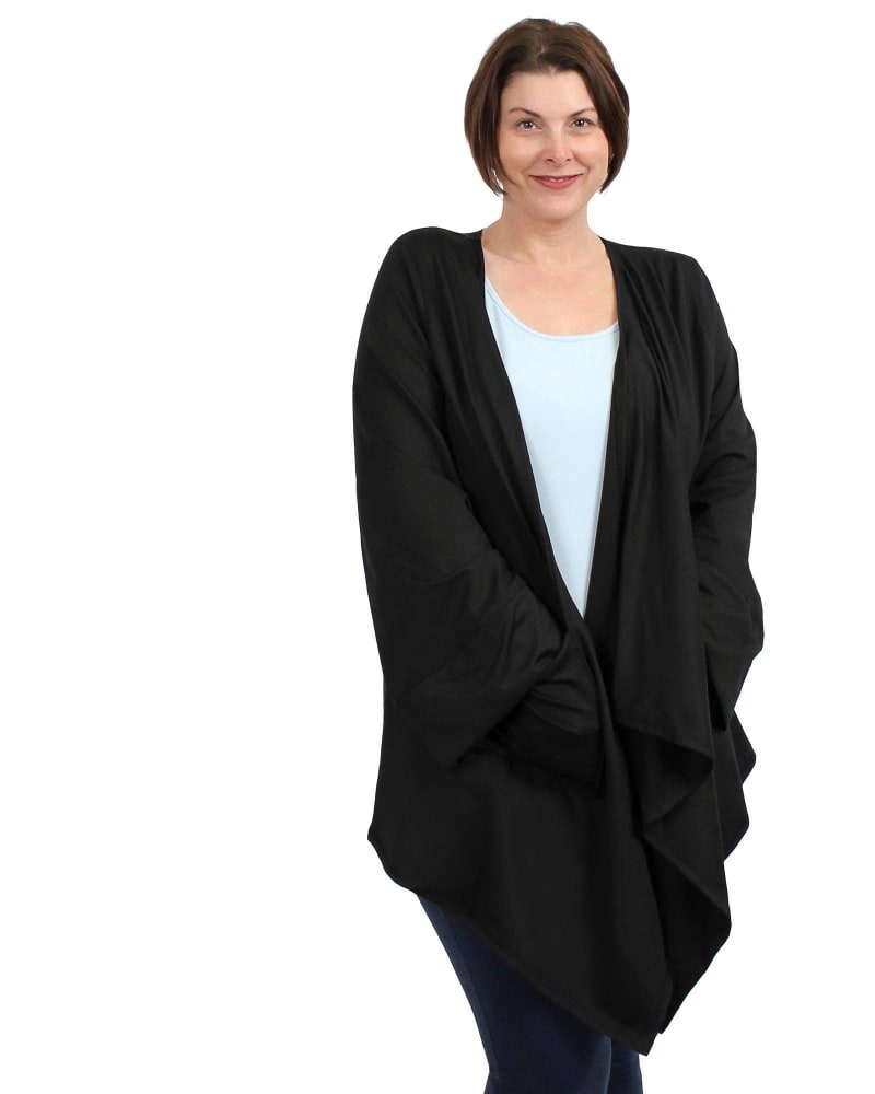 Front of a model wearing a size L Maryann Cardigan in Black by Undersummers. | dia_product_style_image_id:243630